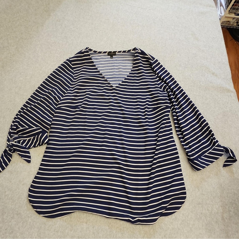 Talbots Shirt Womens Large Navy White Striped V Neck 3/4 Tie Sleeve Blouse Top
